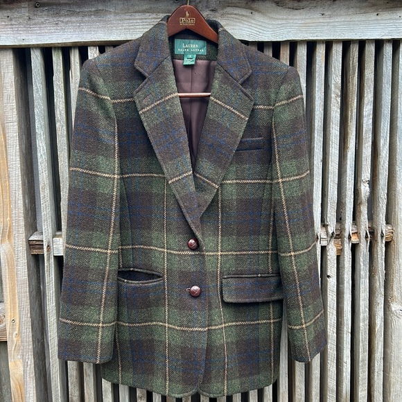 Lauren Ralph Lauren Jackets & Blazers - Lauren Ralph Lauren Hunter Green Brown Plaid 100% Wool Notched Collar Blazer